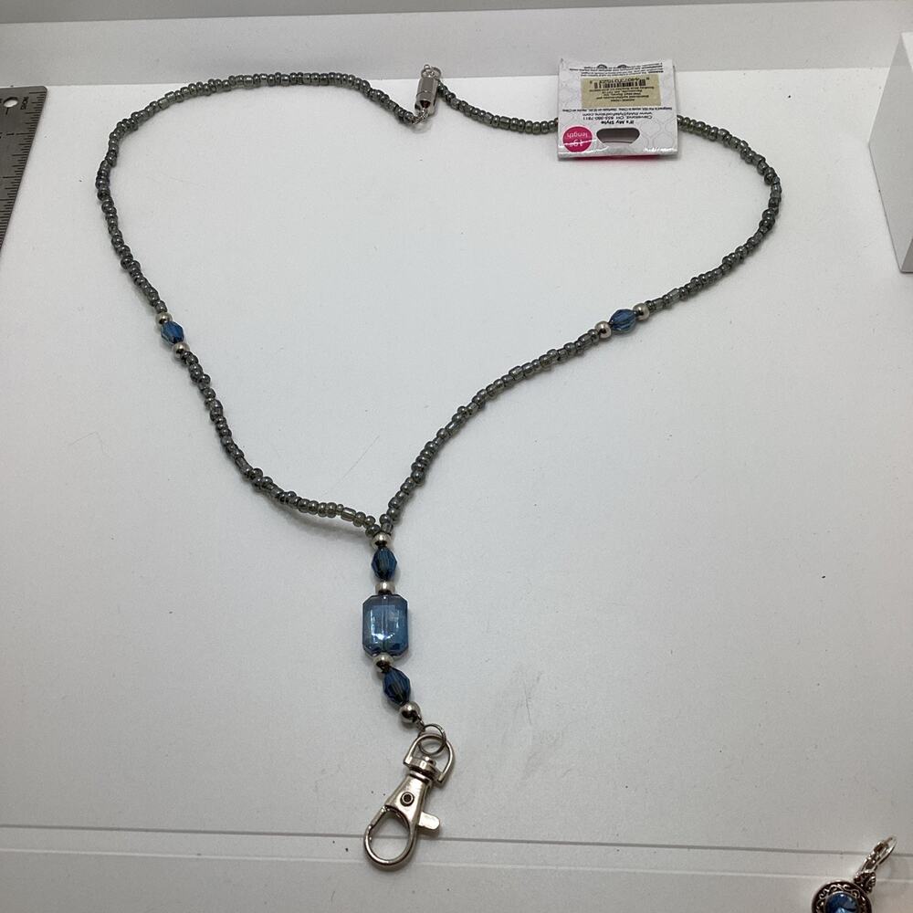 Womens Silver Blue Jewel Id Tag Holder Long 19” New